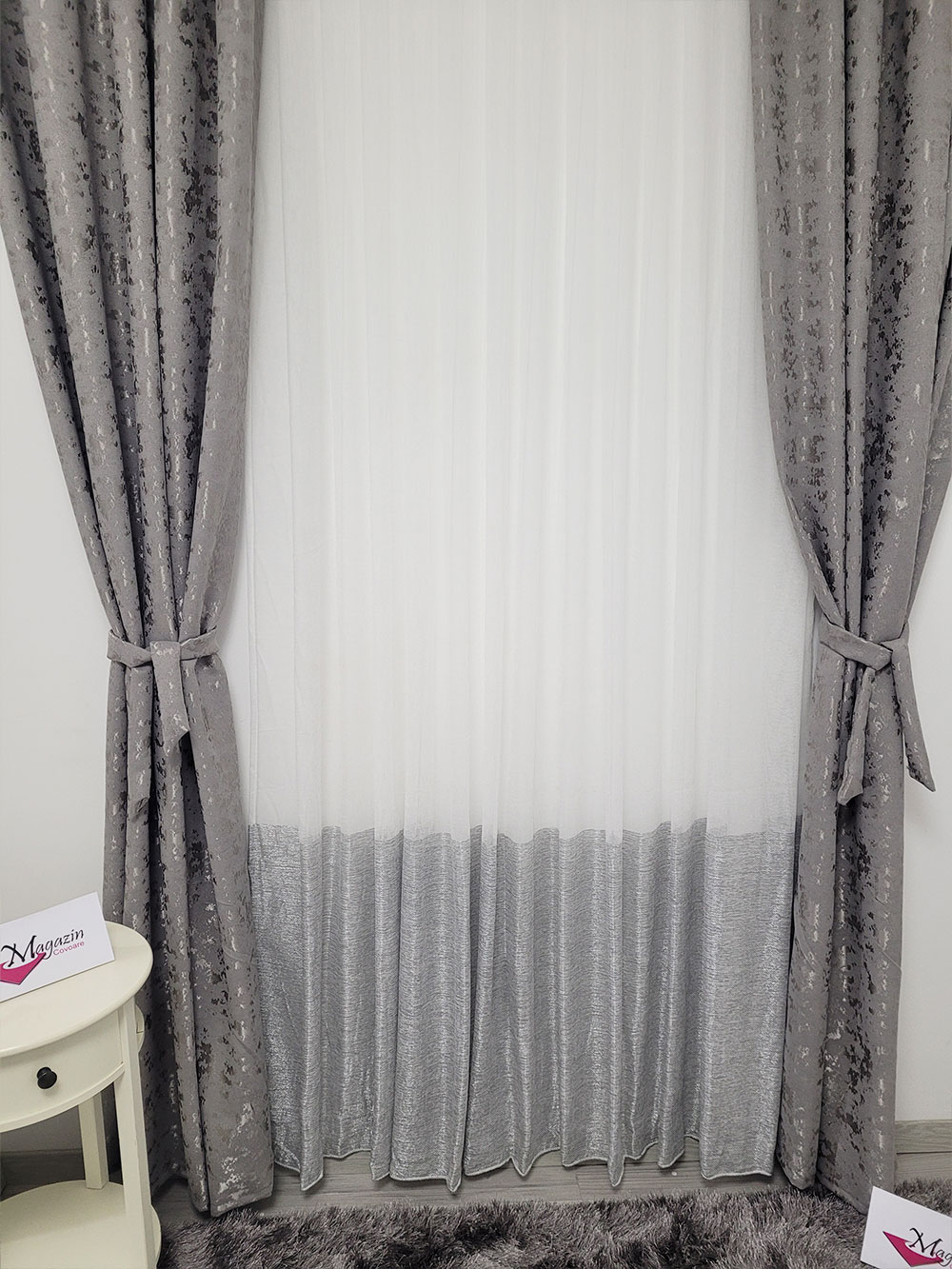 Set draperie si perdea, alb/gri