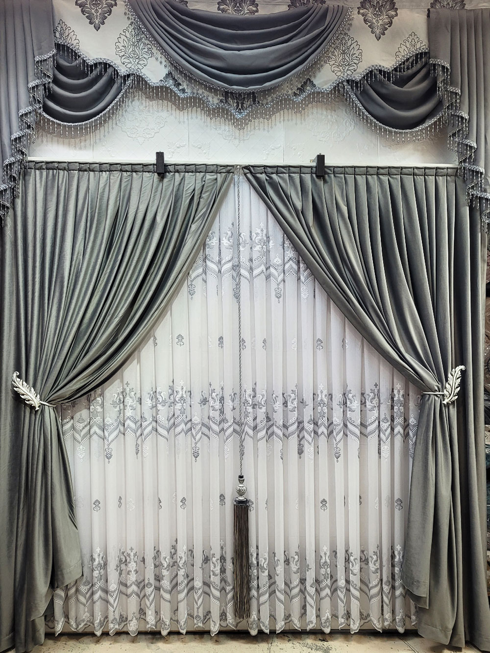 Set draperie si perdea, argintiu/alb model oriental