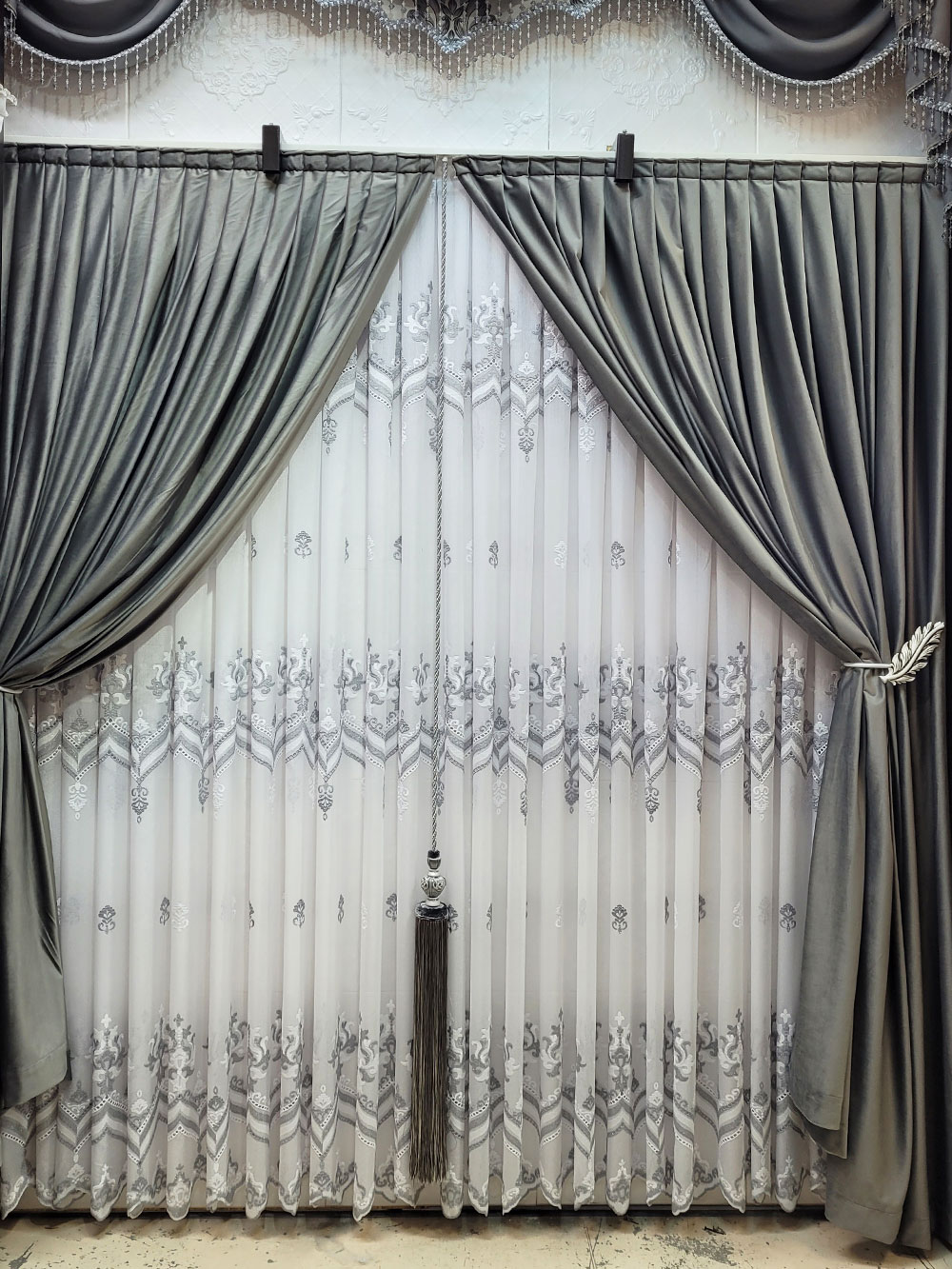 Set draperie si perdea, argintiu/alb model oriental