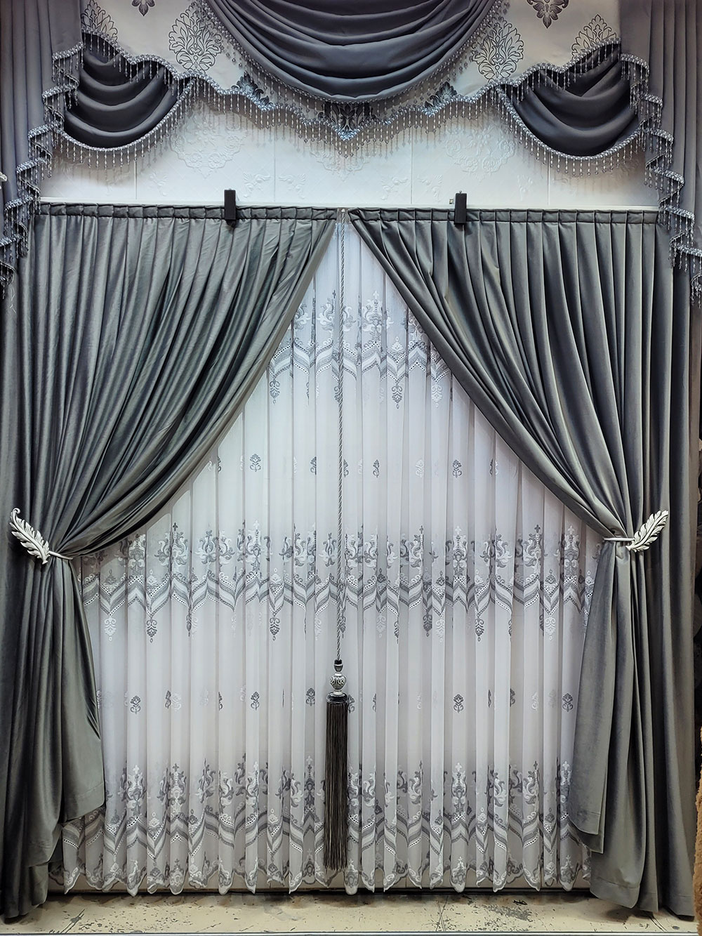 Set draperie si perdea, argintiu/alb model oriental