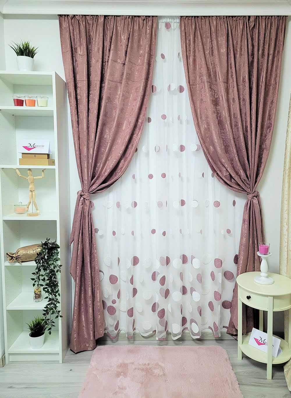 Set draperie si perdea, buline roz