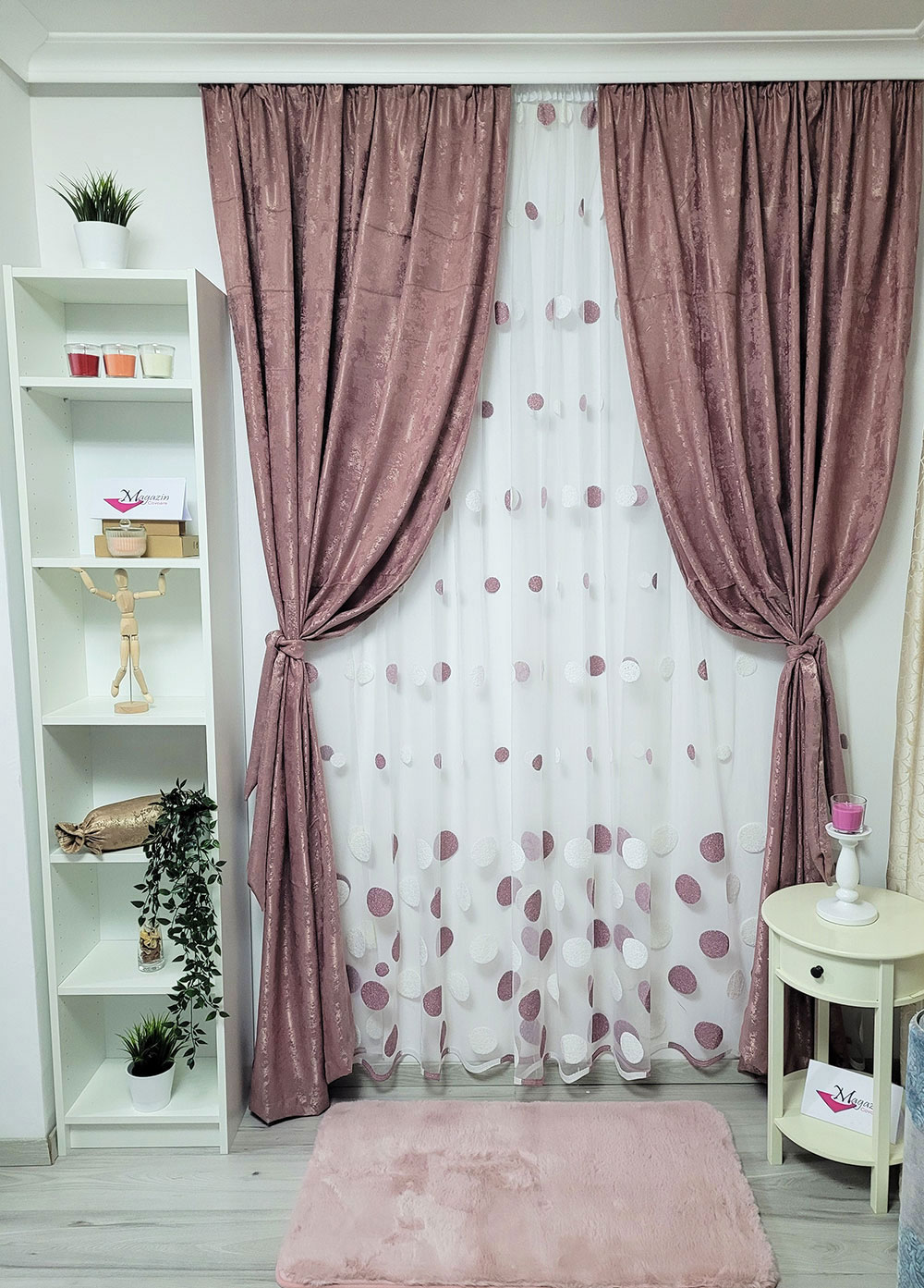 Set draperie si perdea, buline roz