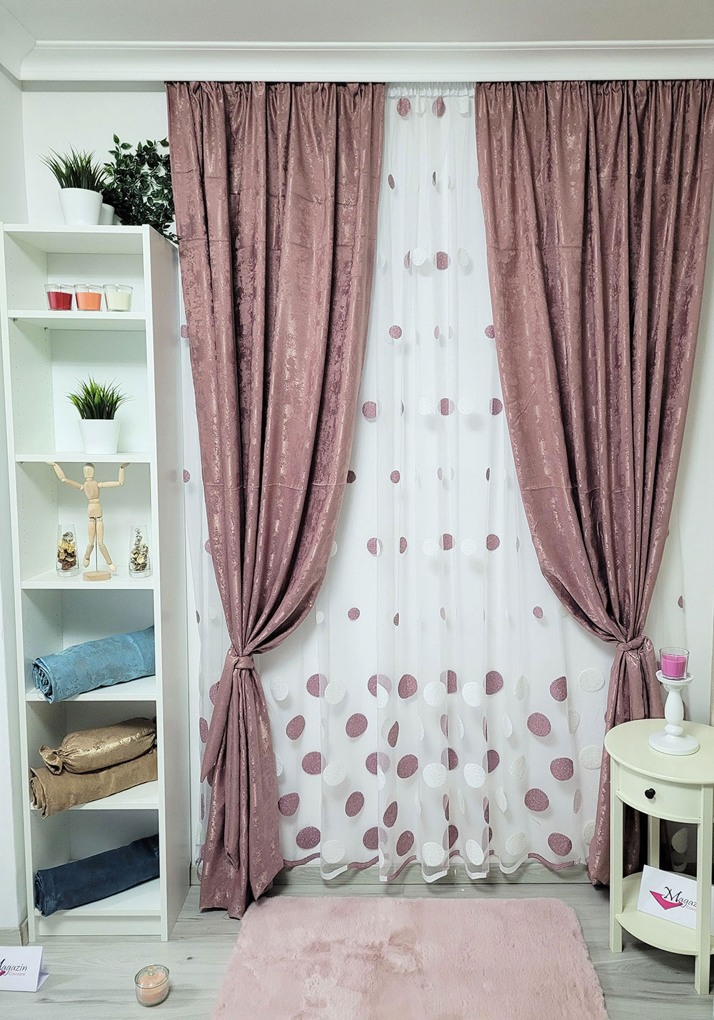 Set draperie si perdea, buline roz