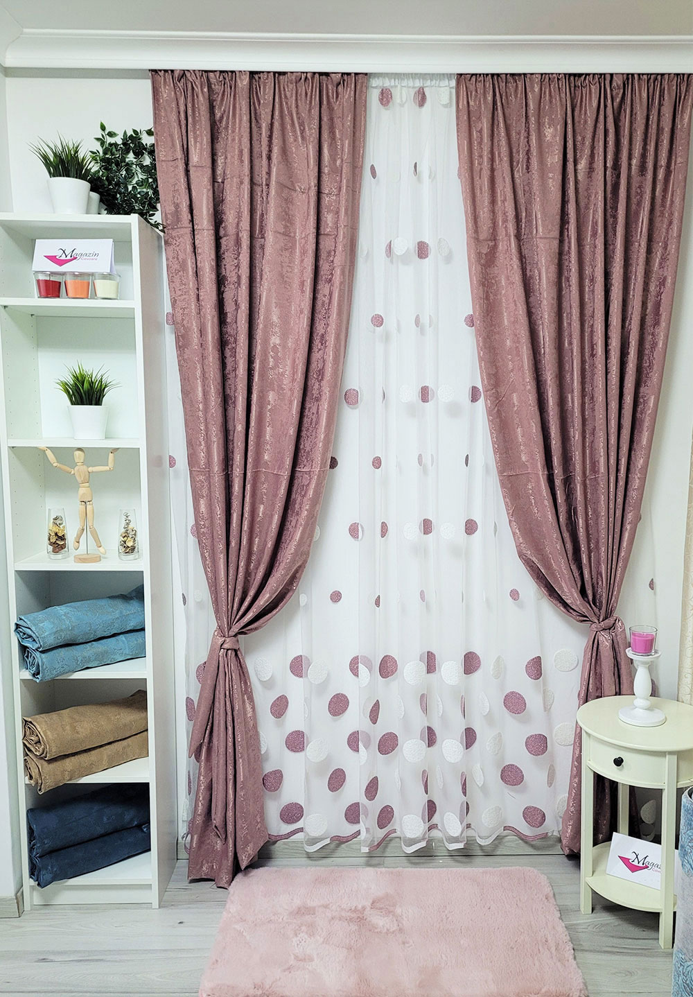 Set draperie si perdea, buline roz