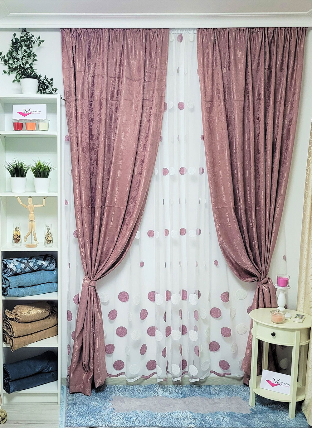 Set draperie si perdea, buline roz