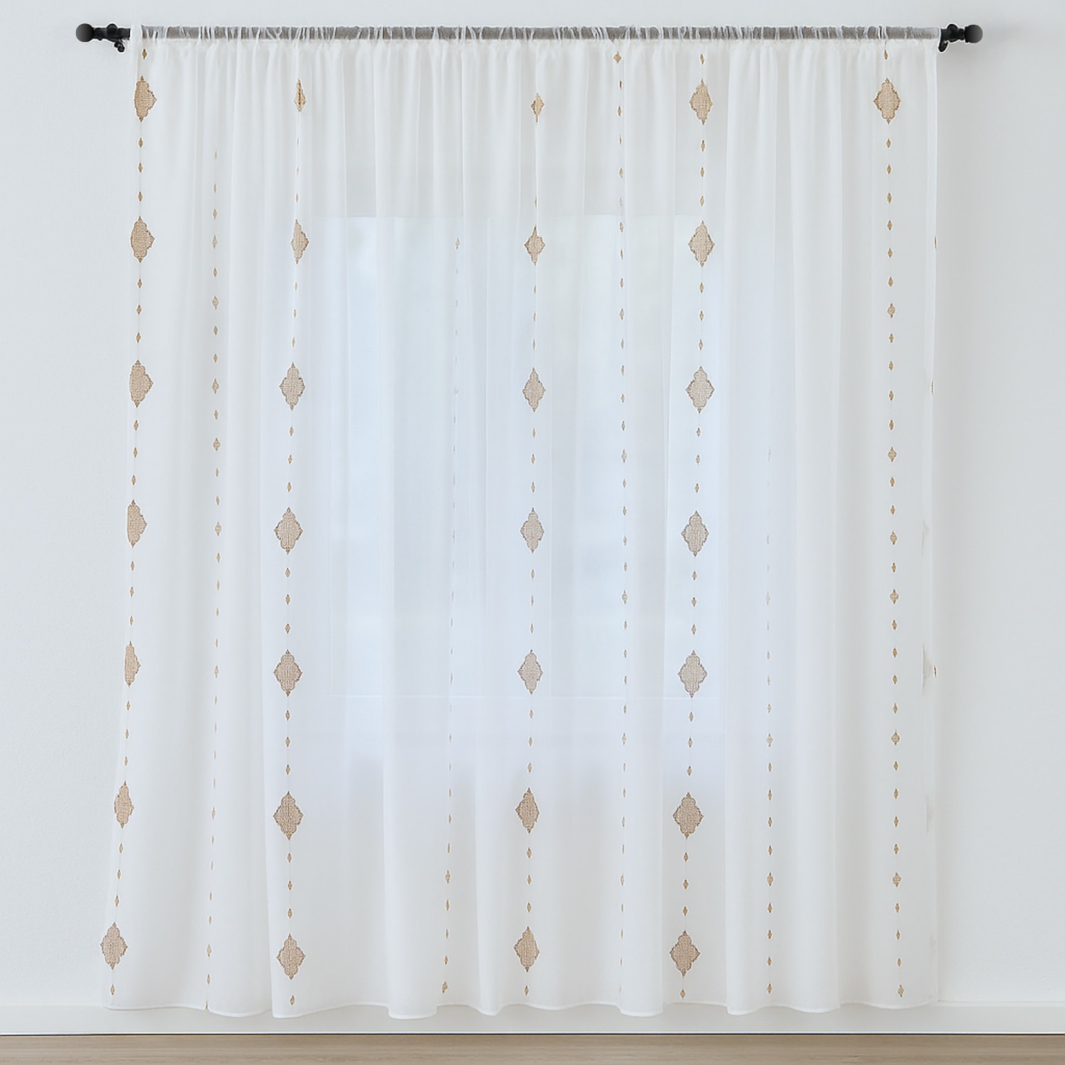 Perdea semi-transparenta din in, broderie geometrica