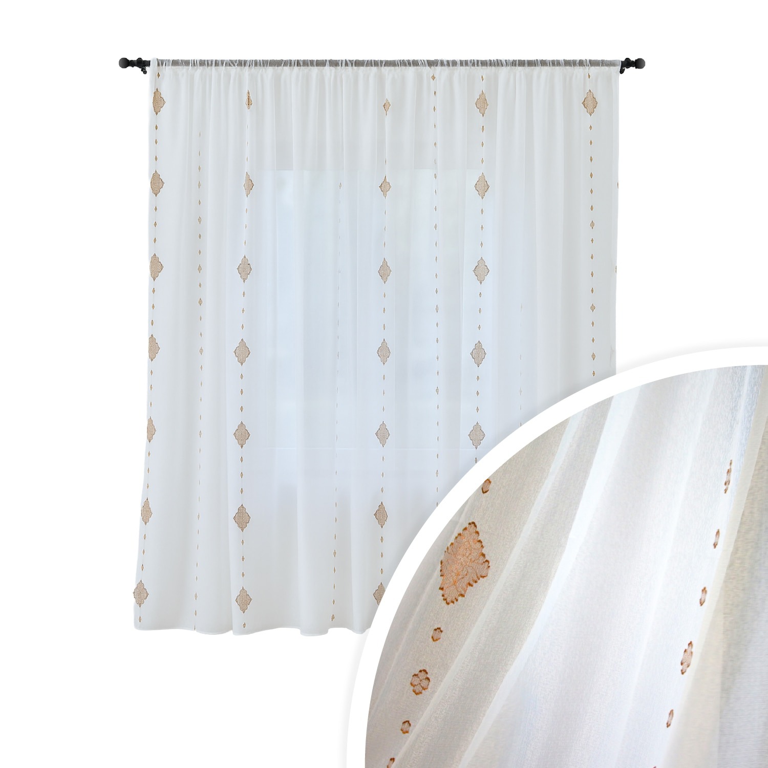 Perdea semi-transparenta din in, broderie geometrica