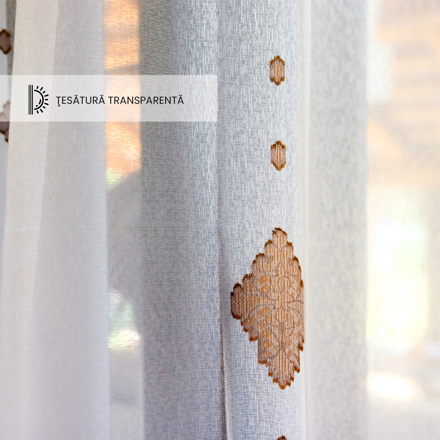 Perdea semi-transparenta din in, broderie geometrica
