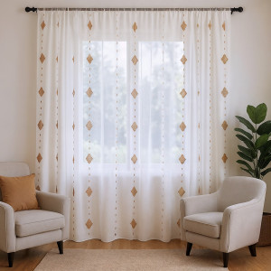 Perdea semi-transparenta din in, broderie geometrica