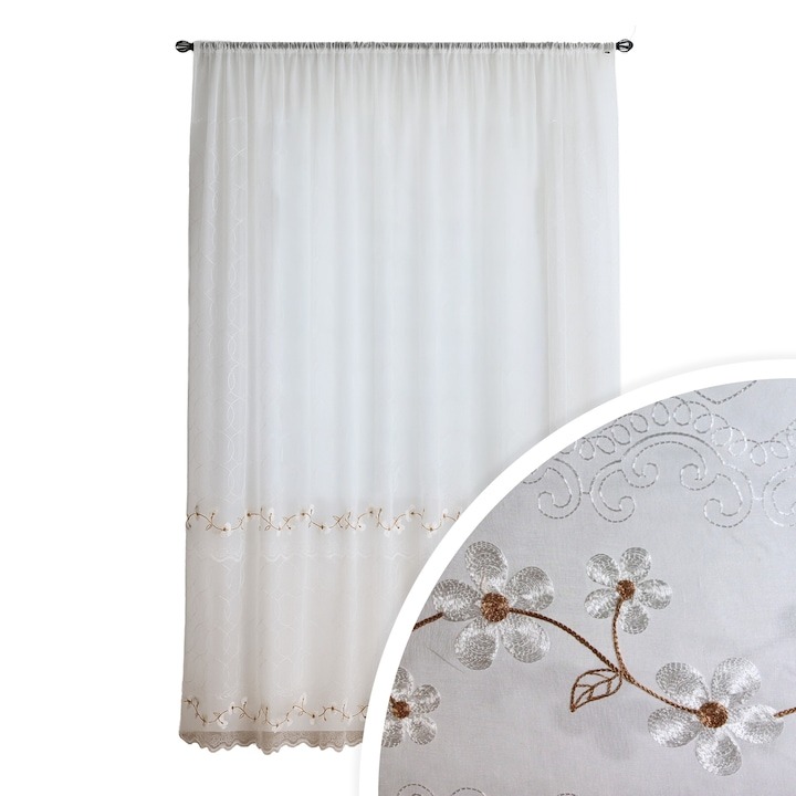Perdea semi-transparenta din in, broderie florala