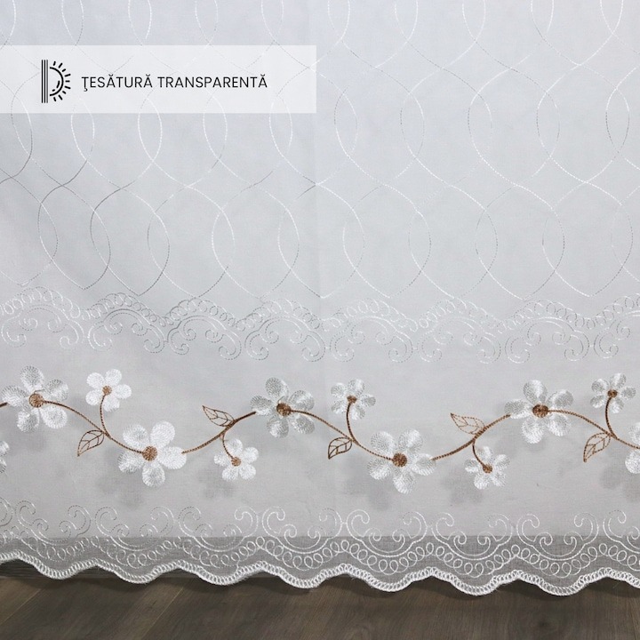 Perdea semi-transparenta din in, broderie florala
