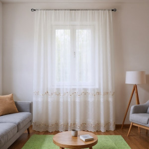 Perdea semi-transparenta din in, broderie florala